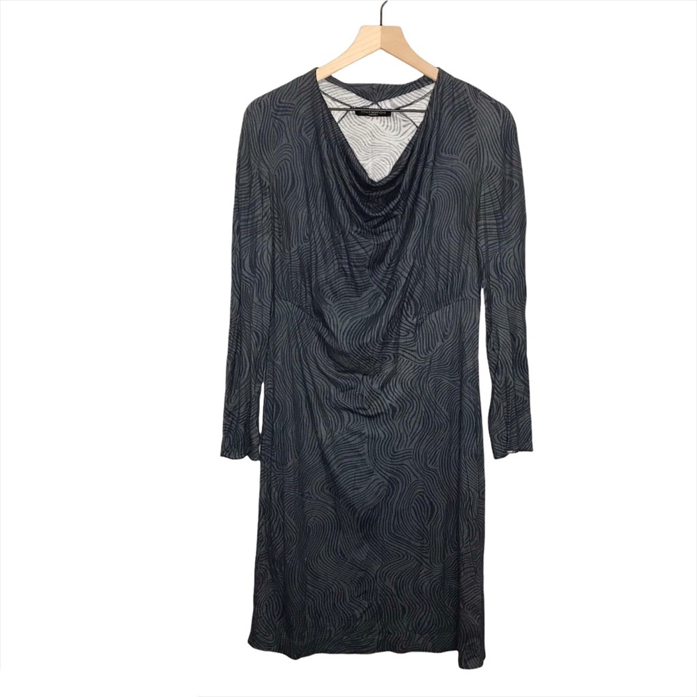 Piazza Sempione Long Sleeve Drape Neck Swirl Printed Sheath Dress in Blue 42 M